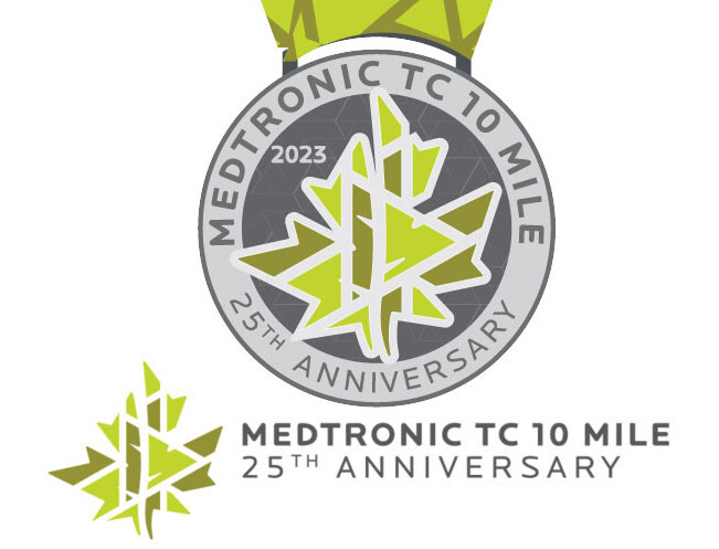 Medtronic TC 10 Mile medal and logo with 25th Anniversary tagline