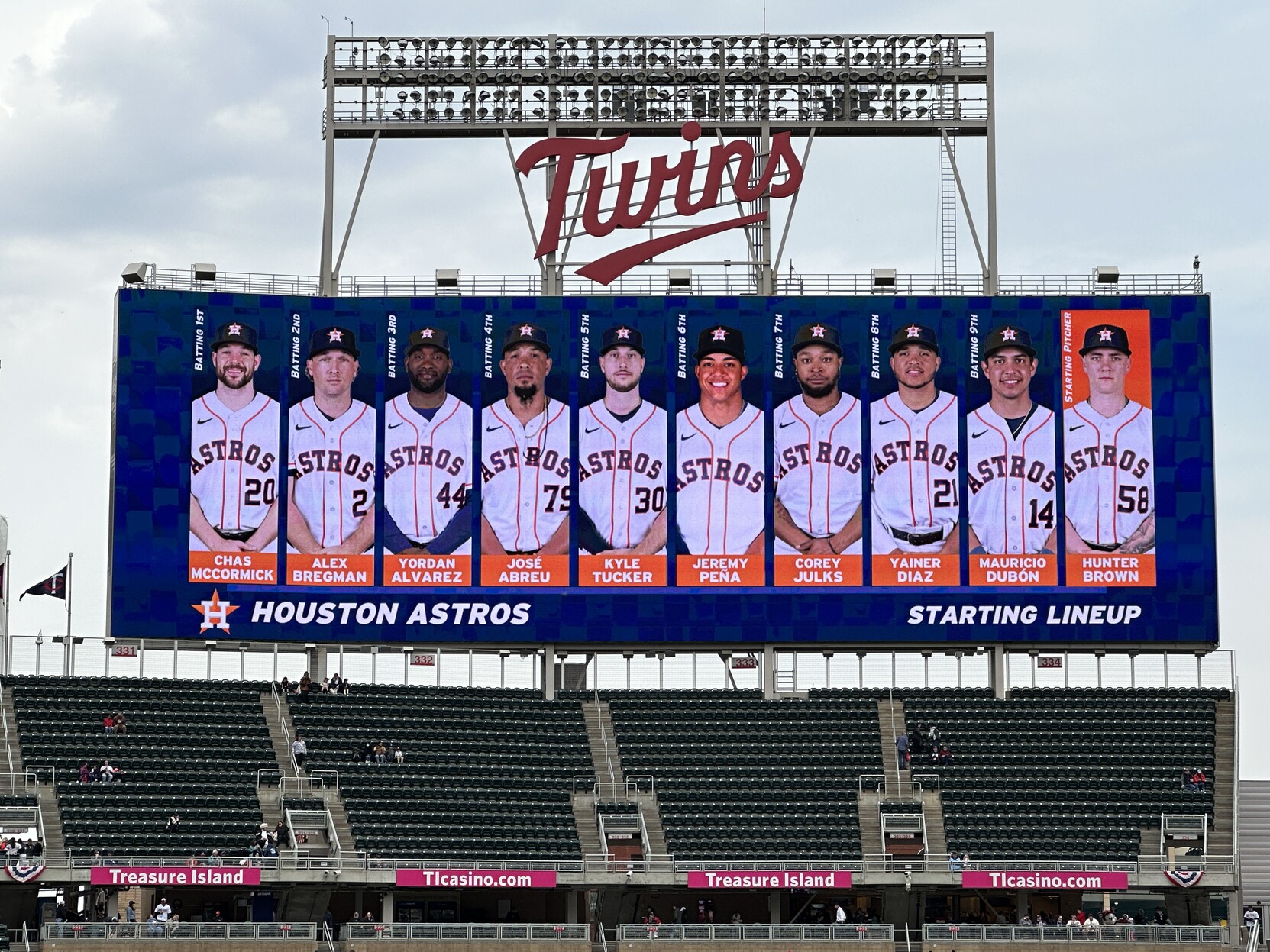 New ultra-wide scoreboard at Target Field in Minneapolis showing all nine starting player pictures for the visiting Houston Astros