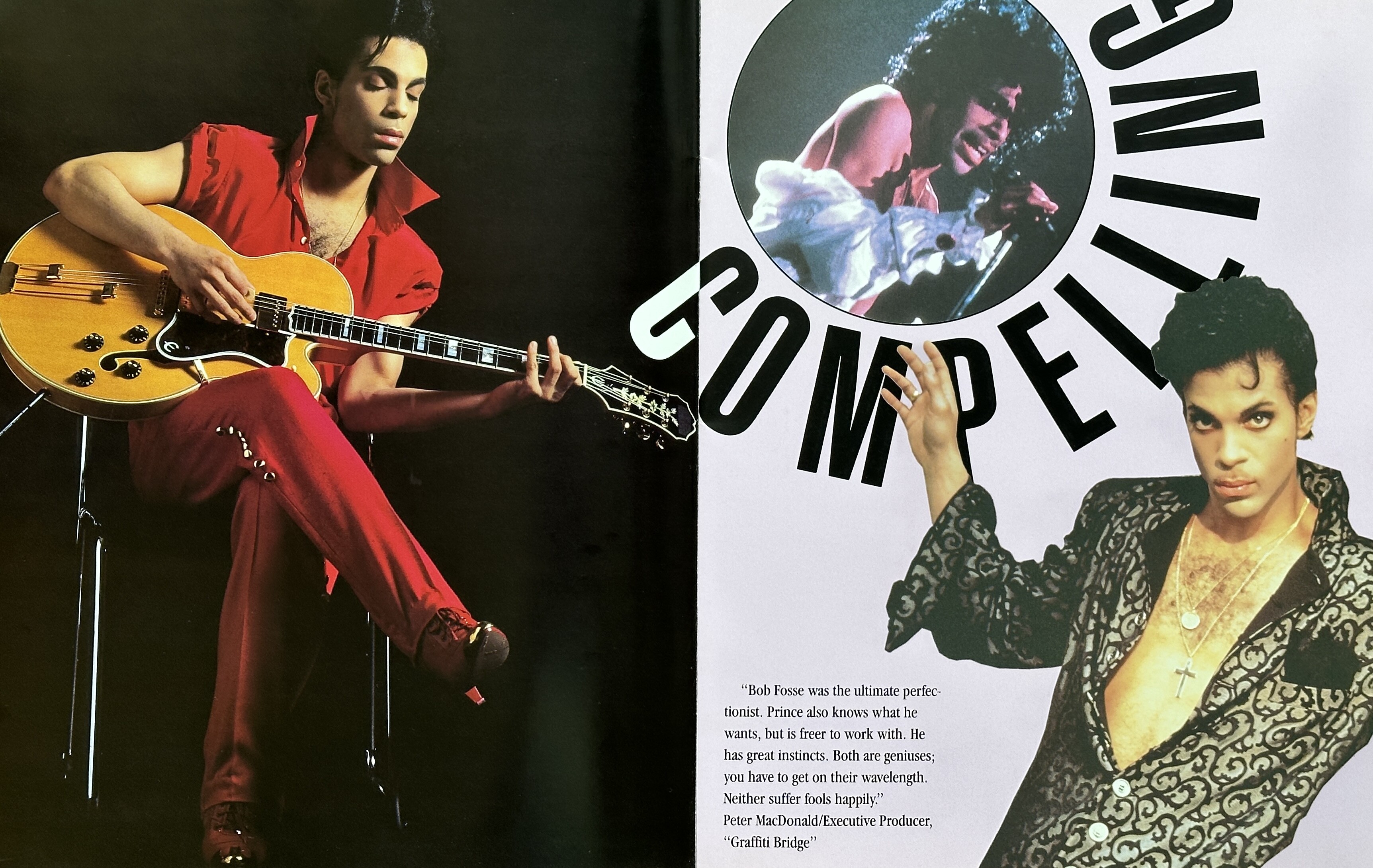 Two-page spread with three Prince shots around the word “compelling”