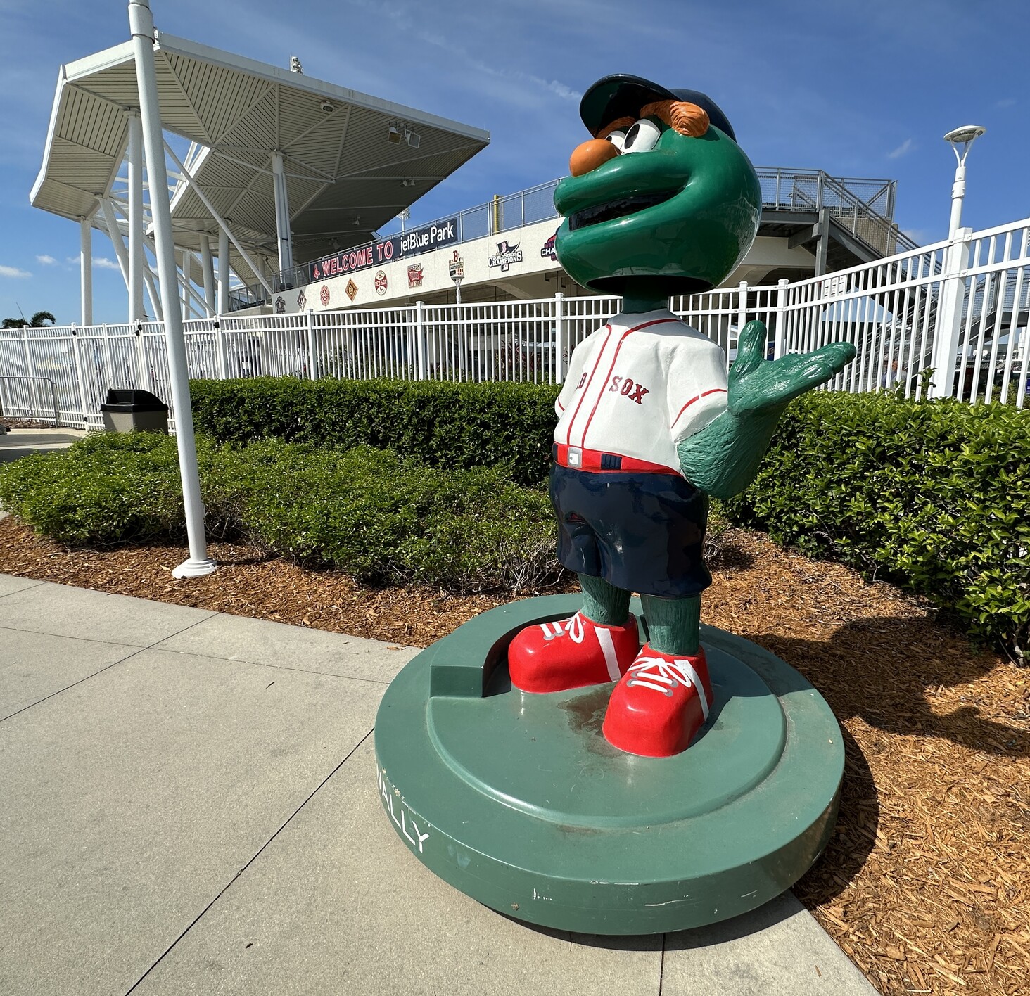 Boston Red Sox mascot sculpture outside the stadium entrance
