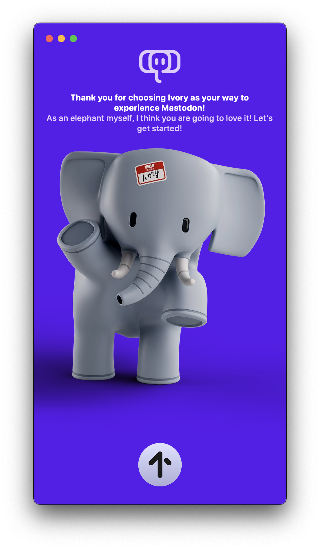 Screenshot of the Ivory welcome screen with a waving elephant
