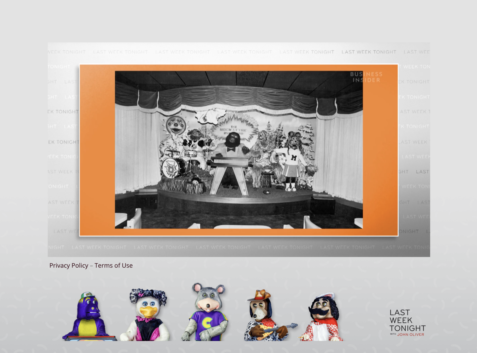 Screenshot of the Last Week Tonight video player showing a black and white picture of Showbiz Pizza Place’s Rock-afire Explosion animatronic band