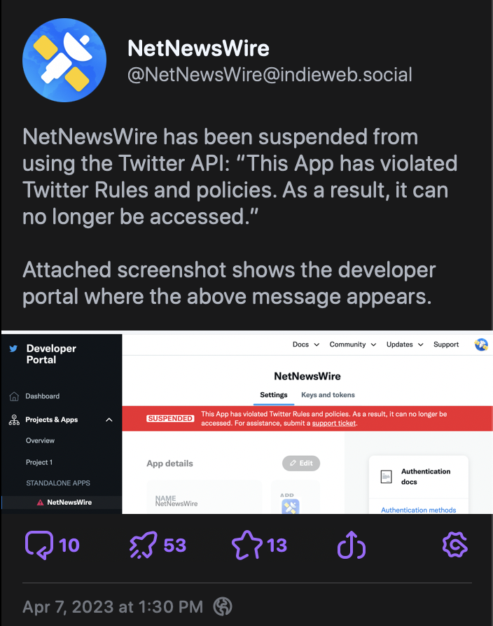 Screenshot of the NetNewsWire post announcing the suspension of their Twitter API access, which also shows their developer portal spelling out the suspension 