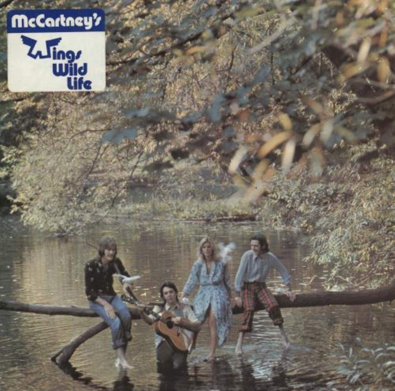 Wild Life album cover of the band sitting on a log across a stream (with Paul holding a guitar in the water)