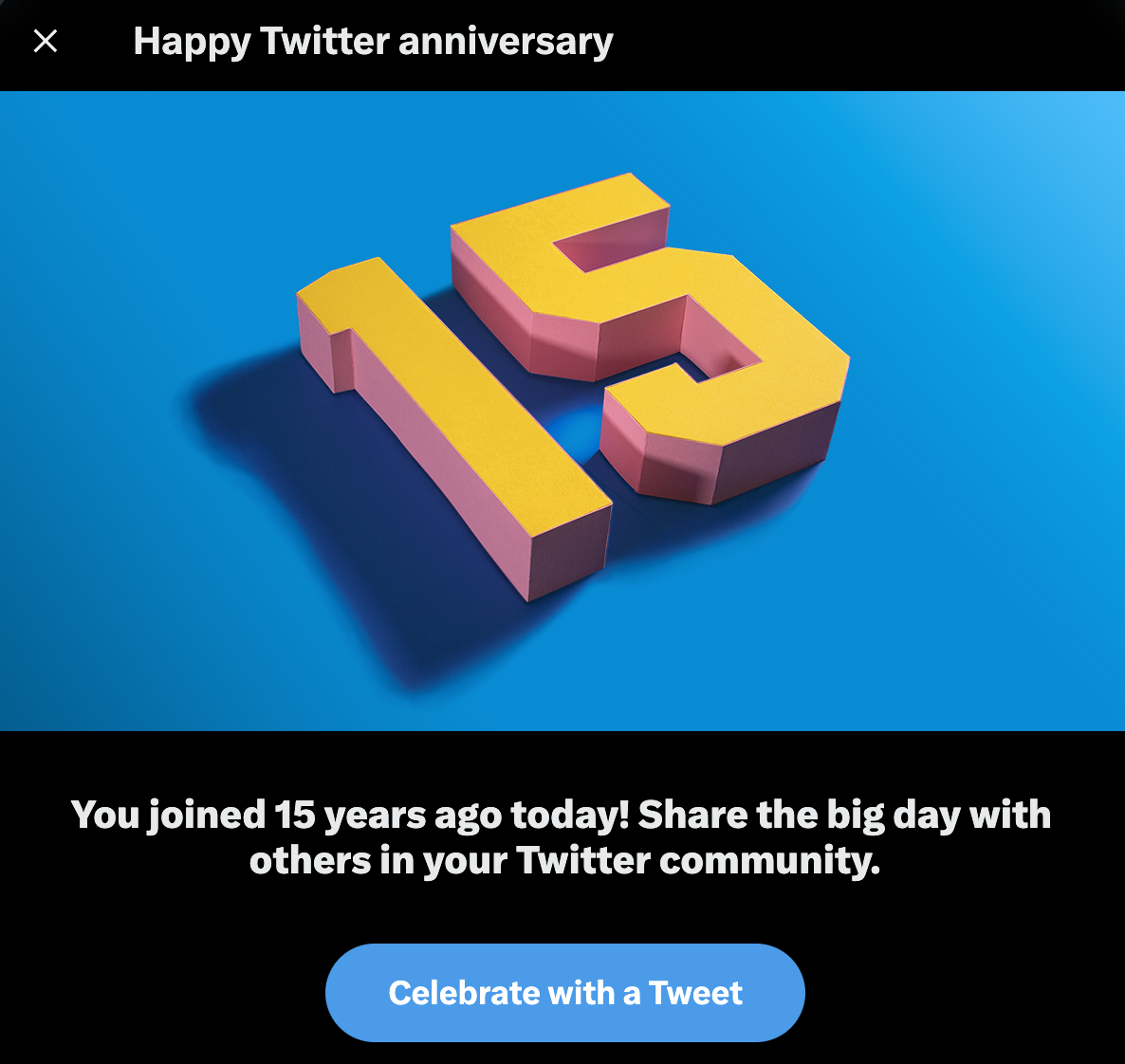 Screenshot of my “Happy Twitter anniversary” message that said I joined Twitter 15 years ago