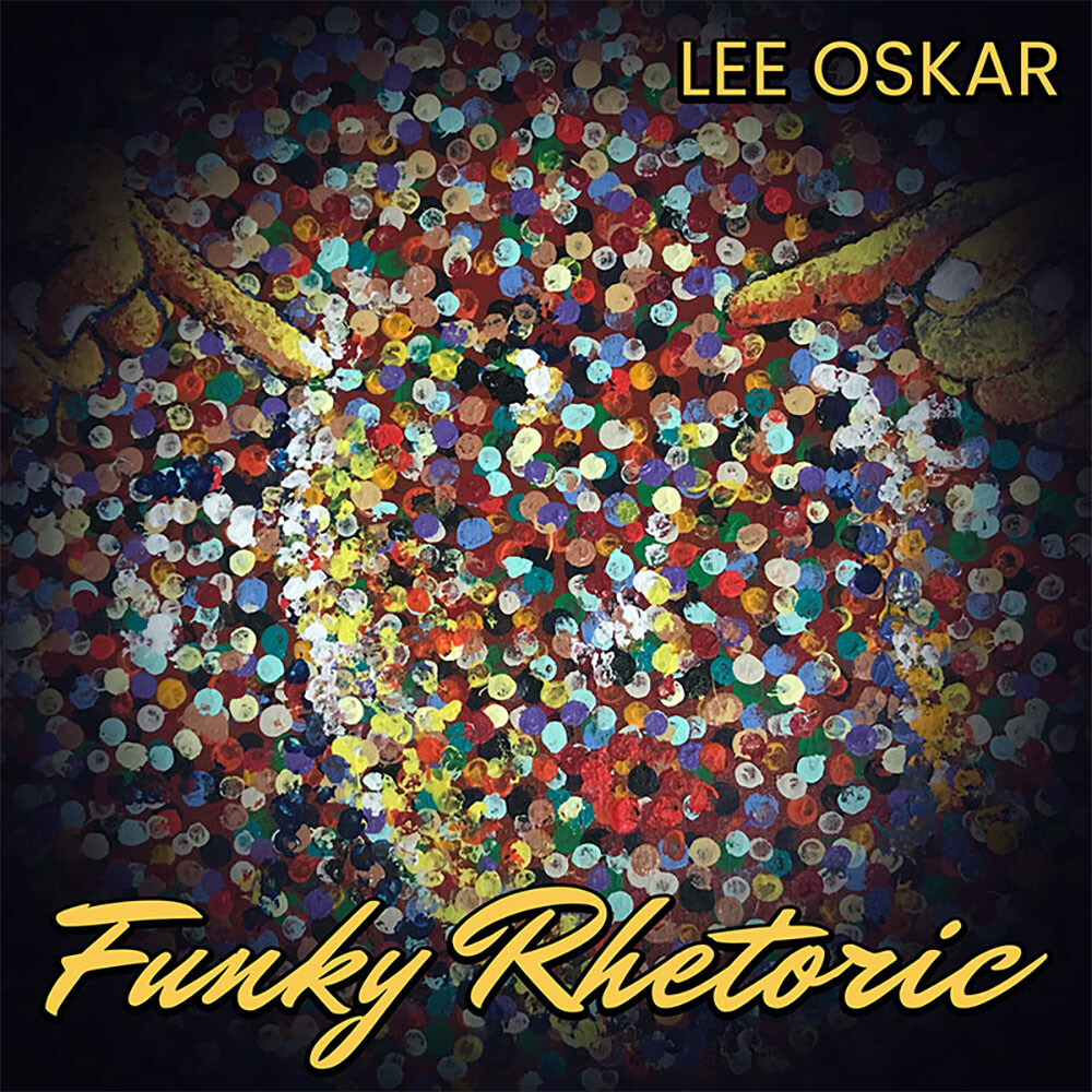 Album cover for Lee Oskar’s new single, Funky Rhetoric, with lettering in yellow and multi-color dot artwork