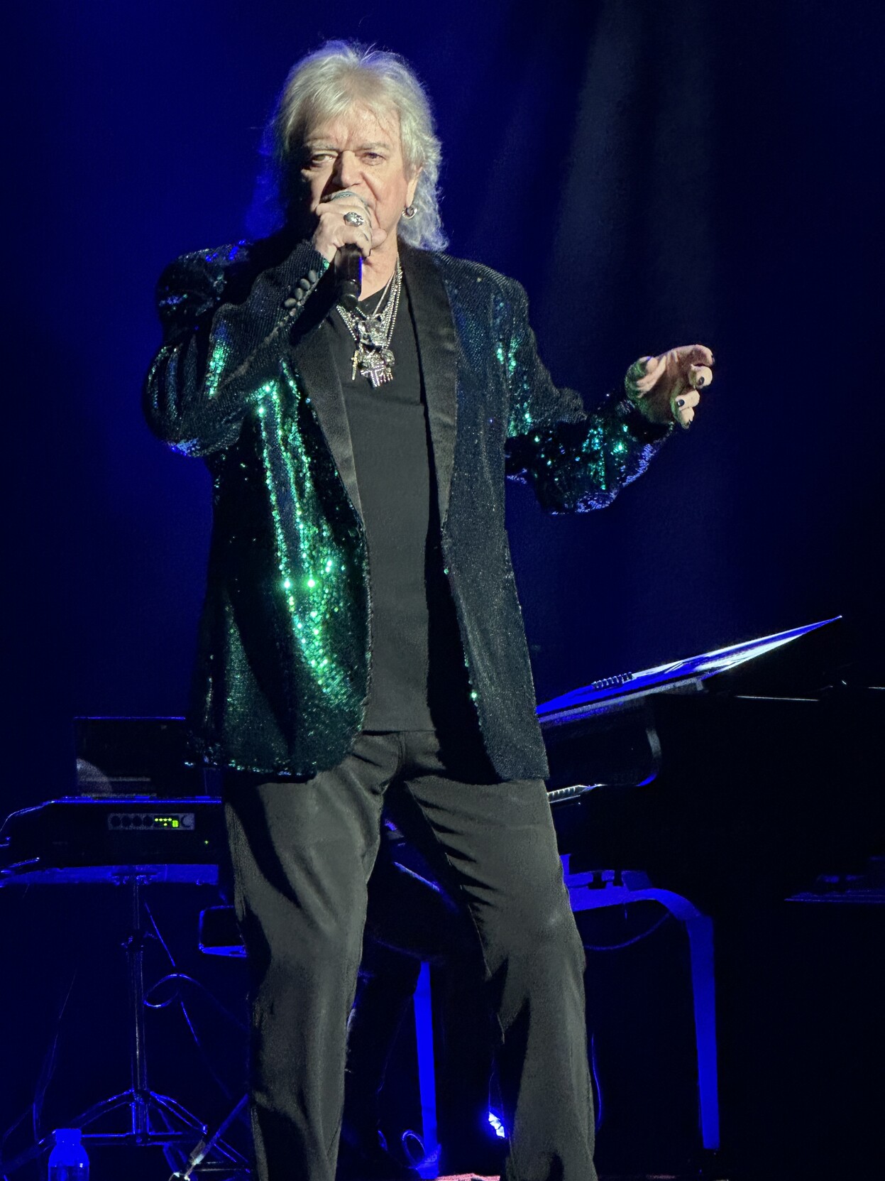 Russell Hitchcock singing while wearing a sequined green jacket
