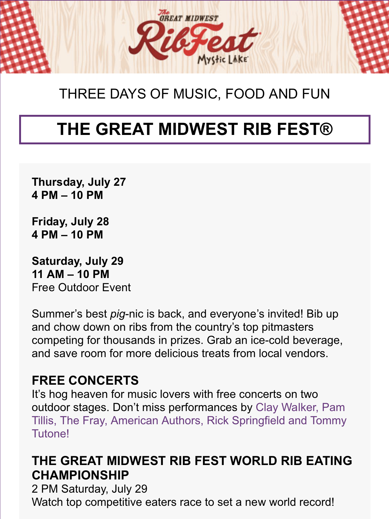 Screenshot of the 2023 RibFest announcement email with times each day (4pm-10pm on Thursday and Friday, 11am-10pm on Saturday), plus info on the free concerts and rib eating championship. Artists to perform include Clay Walker, Pam Willis, The Fray, American Authors, Rick Springfield and Tommy Tutone