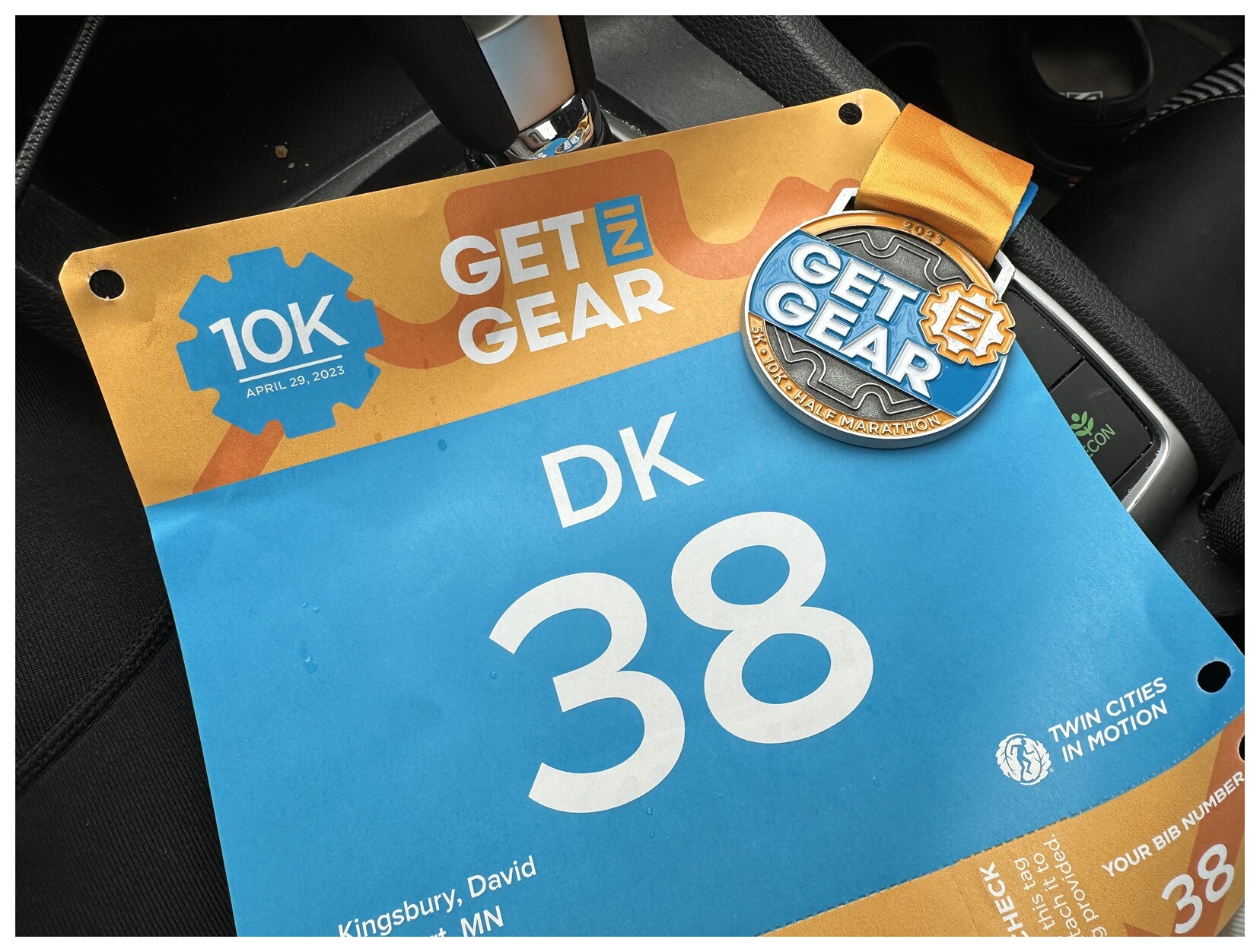 Get in Gear bib #38 and finisher medal
