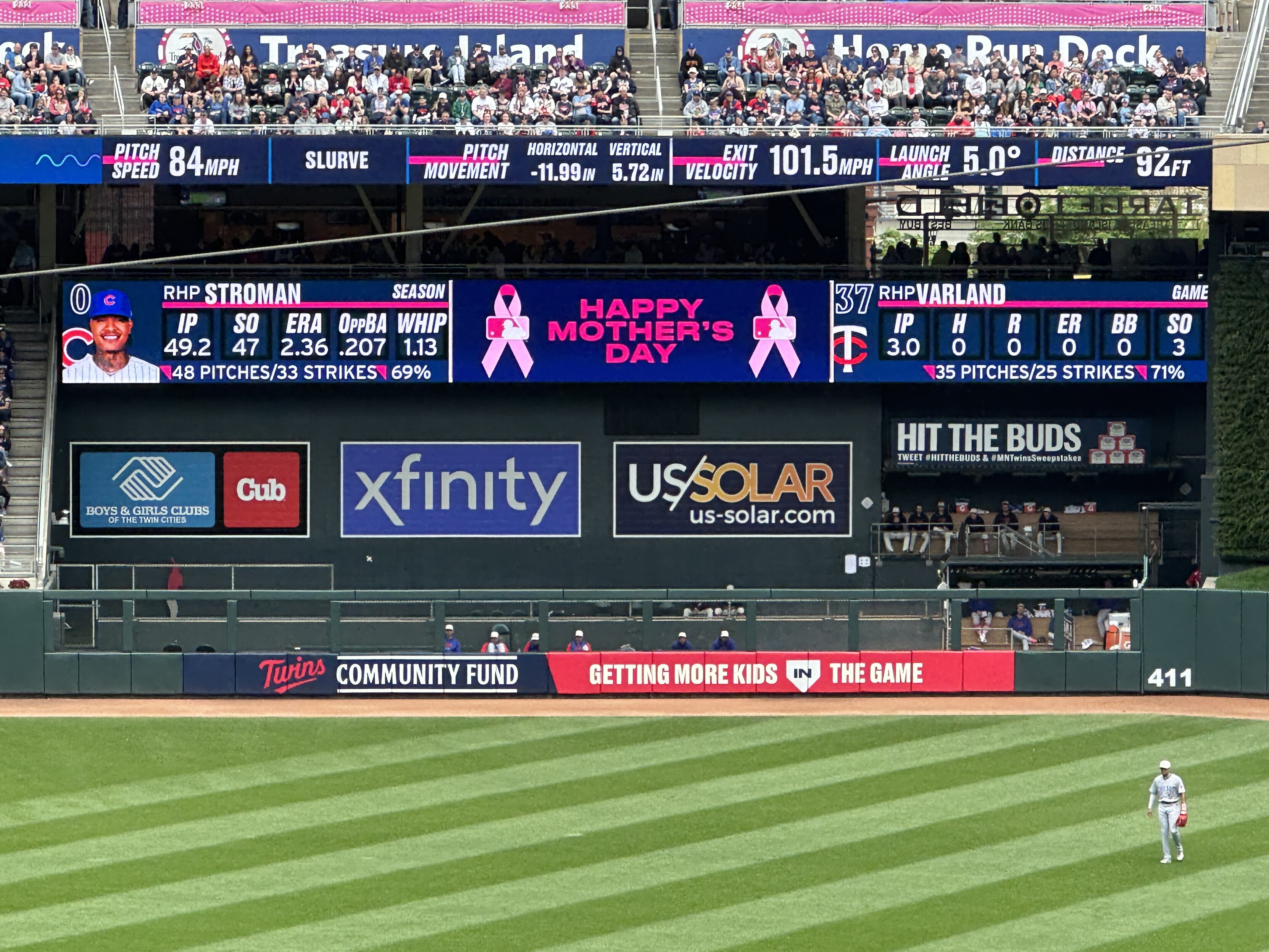 Center field scoreboard at Target Field with lots of pitcher stats
