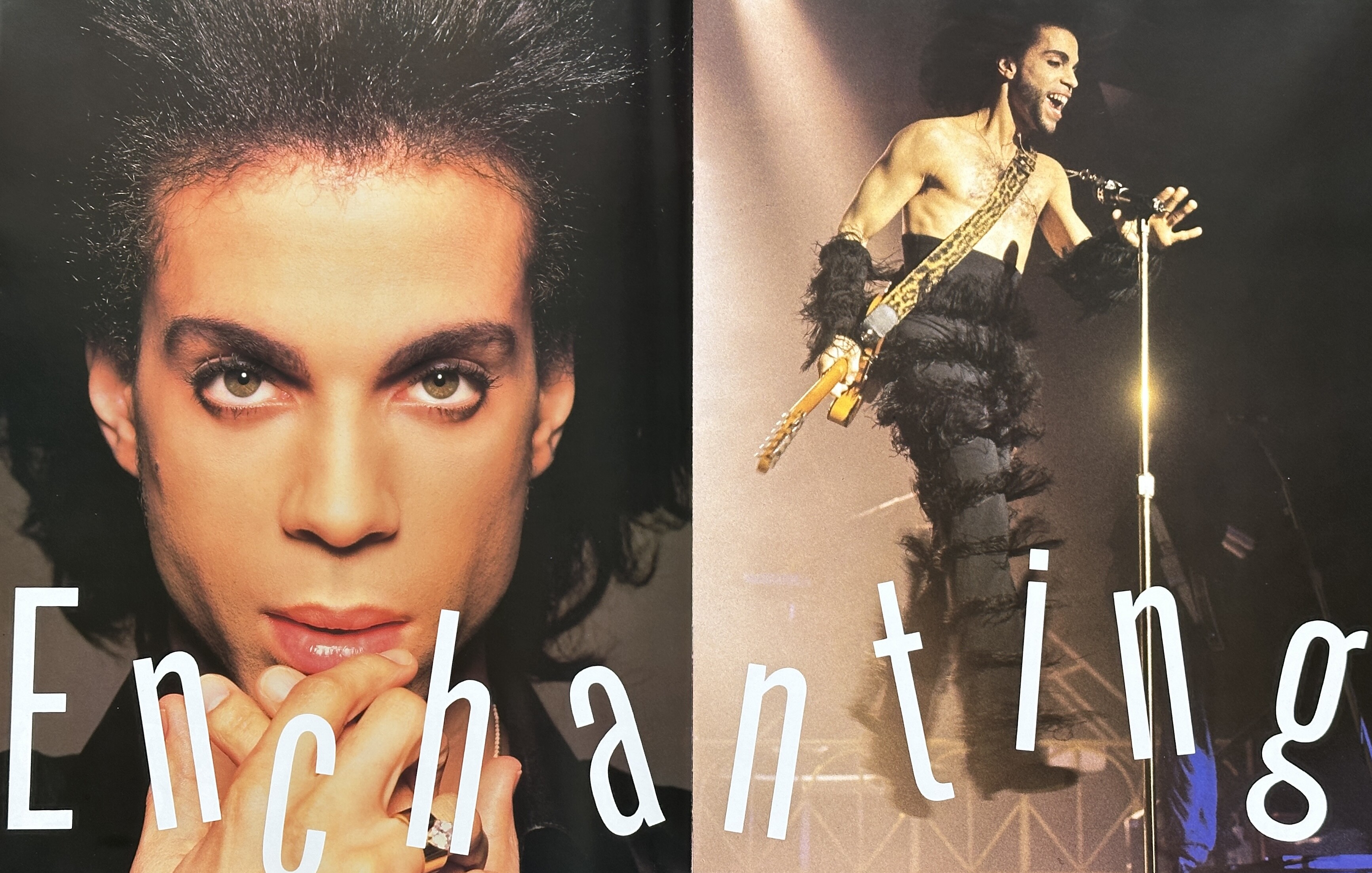 Two-page spread with two Prince photos and the word “enchanting”